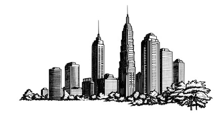 Fototapeta premium Engraved vector design of a modern city skyline with detailed buildings and trees in the foreground