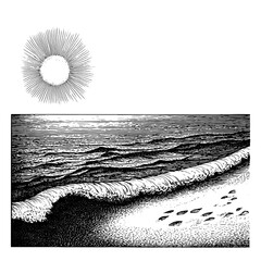 Obraz premium Engraved vector design for tattoo featuring waves, footprints on the shore, and stylized sunburst above