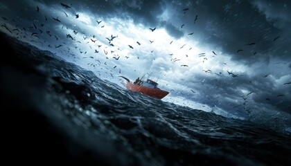 Fototapeta premium Fishing Boat Braving Stormy Seas Under Dark Clouds