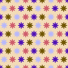 Seamless floral pattern with colorful flowers, leaves, and stars, perfect for autumn-themed wallpaper and decoration