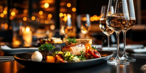 Fototapeta premium Lustrous silver tray holding a gourmet meal in a cozy, softly lit restaurant setting Generative AI