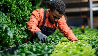 Farmer Tending Leafy Greens in Vertical Farm