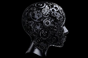 A high-contrast vector illustration of a human head silhouette with intricate mechanical gears spinning inside