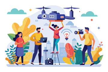 Naklejka premium A group is using a customizable semi-flat drone while capturing content outdoors in a bustling city setting, People filming with a drone Customizable Semi Flat Illustration