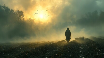 Fototapeta premium Pakistani farmer plowing a field in the early morning surrounded by mist while his selective attention focuses solely on the task unaware of birds flying around