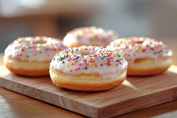 Delicious doughnuts topped with icing and colorful sprinkles are beautifully arranged on a wooden board in a warm inviting cafe atmosphere