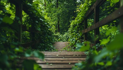Obraz premium Wooden path through overgrown forest