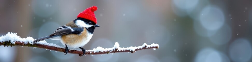 Naklejka premium Black-capped chickadee wearing a red winter hat on a frosted branch , garden, avian