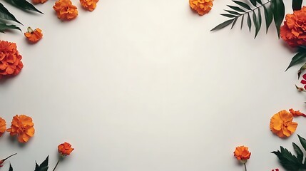 Fototapeta premium Orange flower border on white background with tropical leaves