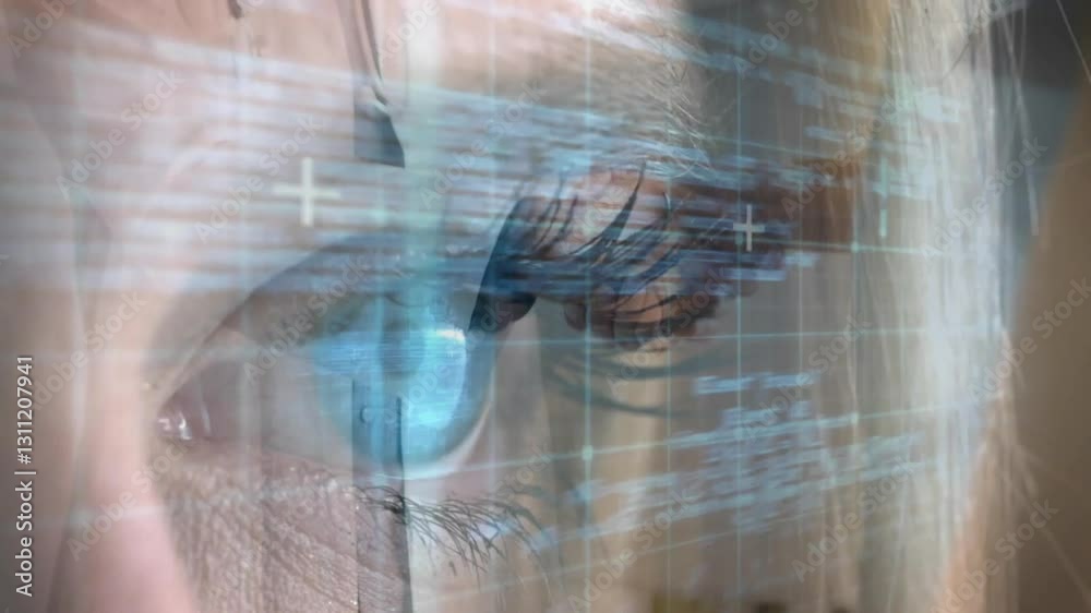 Poster animation of human eye with computer code, symbolizing technology and data analysis