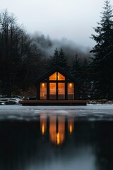 Lit cabin reflected in a frozen lake at dusk in a misty forest