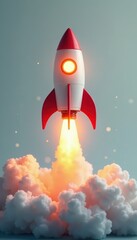 Lightbulb rocket launching, soft gray background, aspiration, elevate