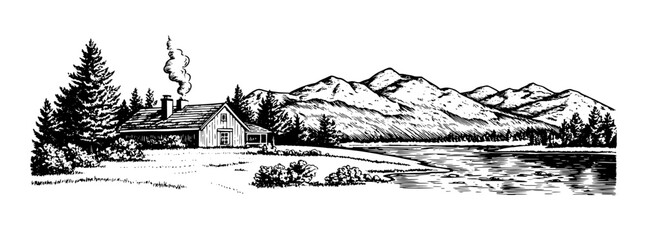 Obraz premium Engraved landscape featuring a rustic cabin by a river with mountains in the background