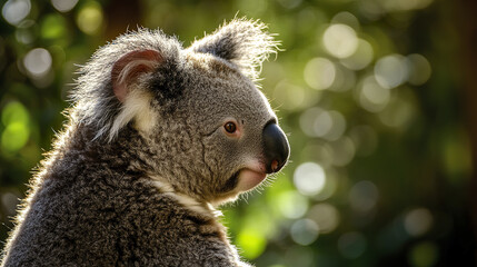 Fototapeta premium Side profile of noble koala with fluffy ears in sunlight