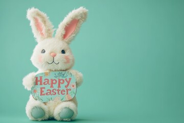 Fluffy white Easter bunny holding a pastel "Happy Easter" sign against a green background.