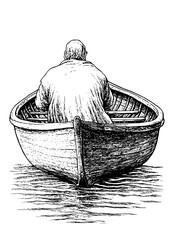 Obraz premium Engraved vector illustration of a man in a rowing boat on calm water