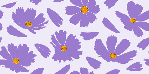 Beautiful hand drawn purple cosmos cosmea flower seamless pattern. Exotic floral pattern design for fabric, textiles, clothing, wrapping, cover, decor, backgrounds.