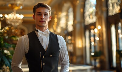 a courteous hotel bellboy in a classic uniform standing in the lobby of a deloux hotel