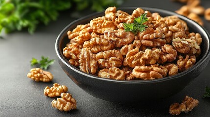 Obraz premium A beautifully arranged bowl filled with plump walnuts setting on a wooden table with soft lighting