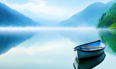 Obraz premium Serene mountain lake with boat, misty morning reflection, travel