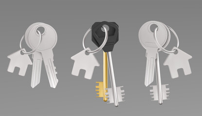 Key sets with house shaped keychains on metal rings. Realistic 3D render of bunches of access tools - silver and gold with different head designs, attached to fobs for real estate or property concept.
