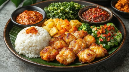 Fototapeta premium A delicious plate of steamed rice accompanied by fresh vegetables for a nutritious meal option