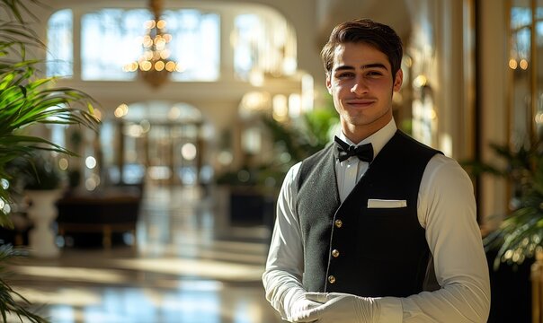 a courteous hotel bellboy in a classic uniform standing in the lobby of a deloux hotel