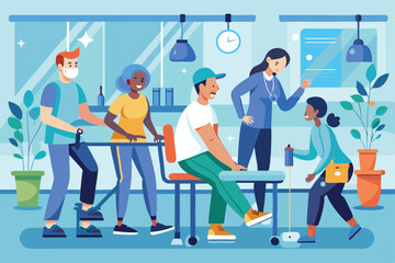 Participants engage in orthopedic therapy activities under the guidance of a professional in a clinic, People in orthopedic therapy rehabilitation,