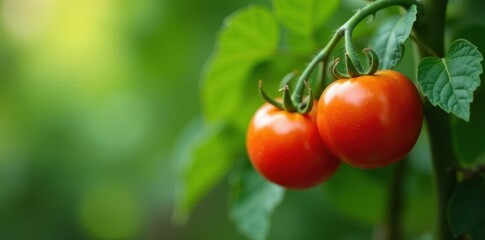 Heavy, plump tomatoes hang from a mature vine, leaves shading fruit , stock, natural