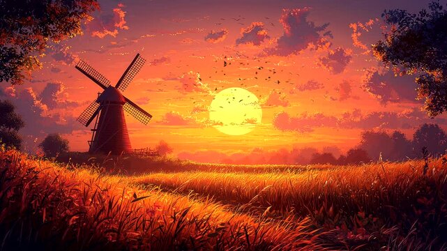 Golden sunset over a countryside windmill with a vast wheat field and birds flying in the sky. Seamless looping 4K time-lapse animation video background