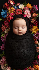 Fototapeta premium peaceful baby wrapped in black knit blanket surrounded by colorful flowers