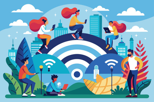 Diverse individuals connect with their devices in a lively WiFi zone, set against an urban backdrop, People in wifi zone concept,
