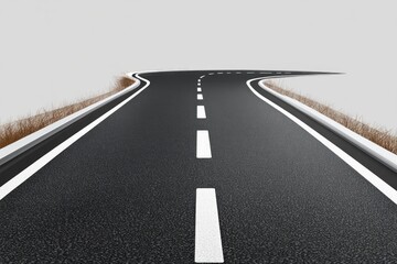 Naklejka premium A winding asphalt road features clear white markings, bordered by sparse vegetation against an empty backdrop, showcasing tranquility and openness