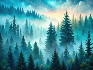 Misty Teal Forest Watercolor Painting - Atmospheric Perspective Landscape Art