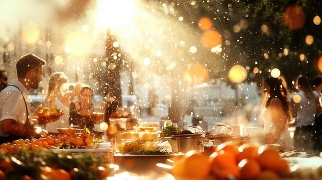 Festive fruit market scene with bright sunlight