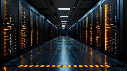A modern server room filled with rows of servers and networking equipment working efficiently