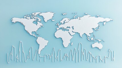 World map graphic with abstract lines, light blue background, digital design
