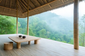 Fototapeta premium Tranquil Bamboo Eco-Lodge Nestled in Lush Tropical Rainforest - Sustainable Architecture and Natural Living Spaces