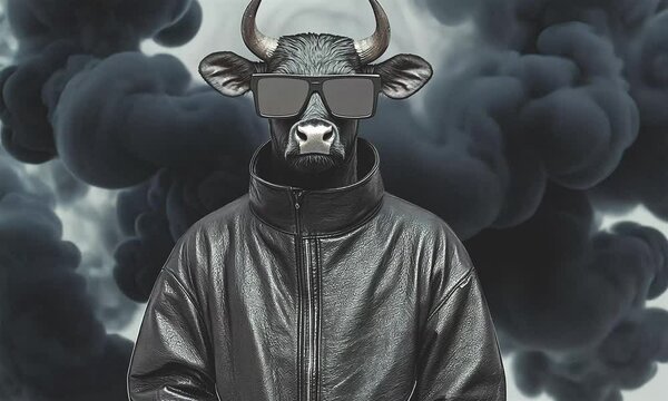 Fashion bull in black smoke atmosphere.