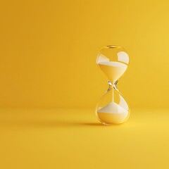 A glass hourglass with sand slowly dripping against a vibrant yellow background, symbolizing time and its passage.