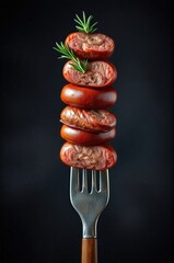 Artisanal Charcuterie Elegance A Vertical Symphony of Glazed Sausages Adorned with Aromatic Rosemary on Vintage Cutlery