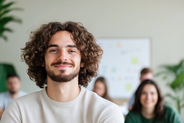 Smiling man with curly hair in modern classroom, engaged atmosph