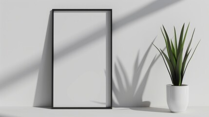 Frame and Plant Pot Arrangement for Home Decor with Window Light and Shadows on White Wall Surface