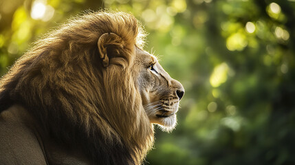 Side profile of powerful lion with mane illuminated in sunlight