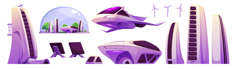Futuristic space station set - purple buildings, mars colony dome, flying ships, wind turbines, aerodynamic transport vehicles. Sci fi architecture - biodome housing vegetation on distant planet. © klyaksun