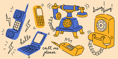 Vintage phones set isolated on background. Vector cartoon illustration of blue and yellow retro telephones and cellphones, wired and wireless devices, communication technology evolution, doodle art