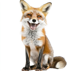 Smiling fox isolated on white background, showcasing its vibrant fur