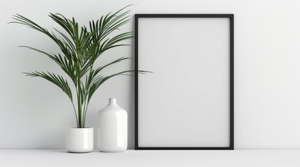 Serene Home Interior with Kentia Palm, Vase, and Blank Frame for Art or Photography Display
