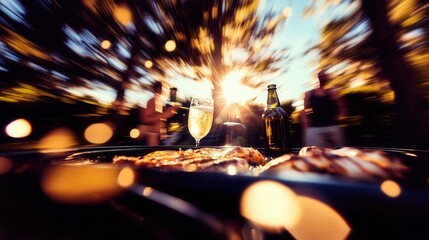 Barbecue party with drinks and grilled food.