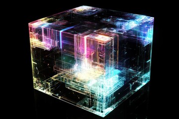 A high-tech 3D render of a transparent cube with holographic data layers inside.